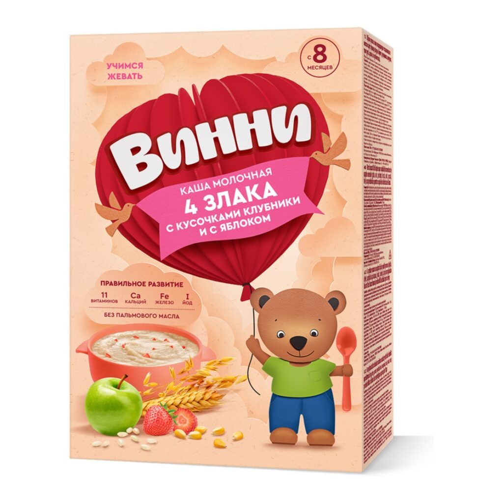 Винни каша молочная 4 злака с кусочками клубники и с яблоком