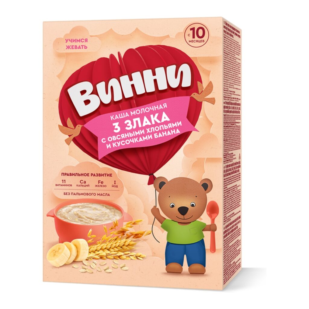 Винни каша молочная 3 злака с овсяными хлопьями и кусочками банана
