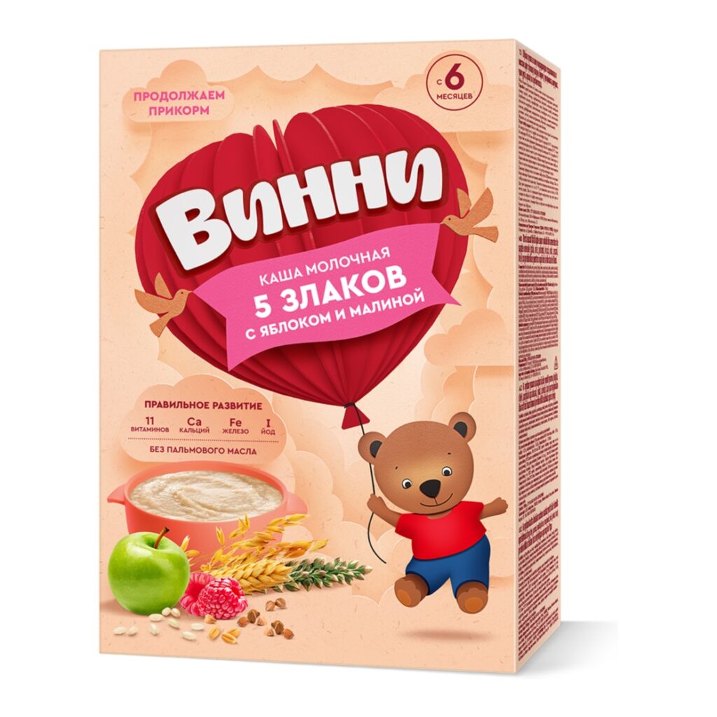 Винни каша молочная 5 злаков с яблоком и малиной
